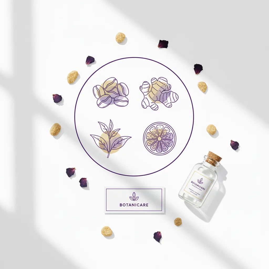 Botanical illustration of four plant ingredients: coffee bean, ginger root, green tea leaf, and lemon