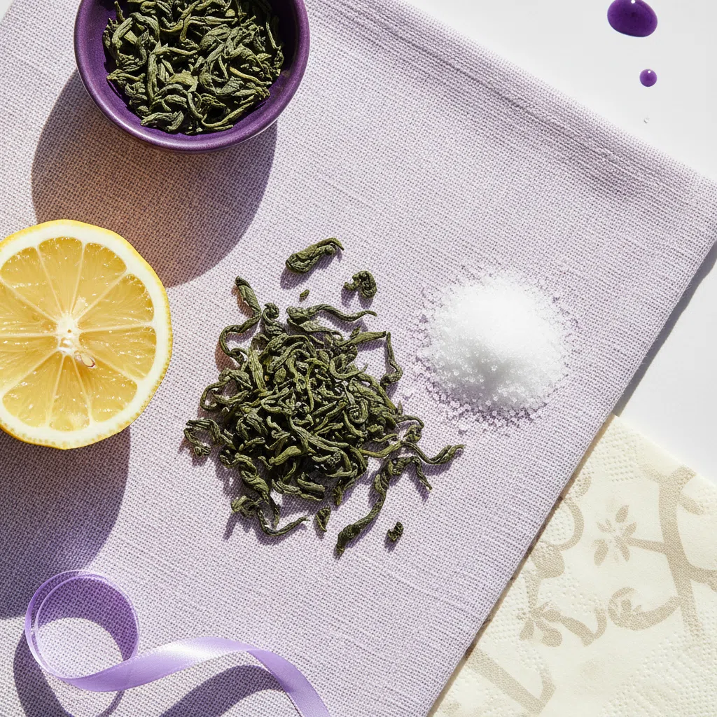 Green tea leaves and L-Carnitine powder beside a halved lemon on lavender linen
