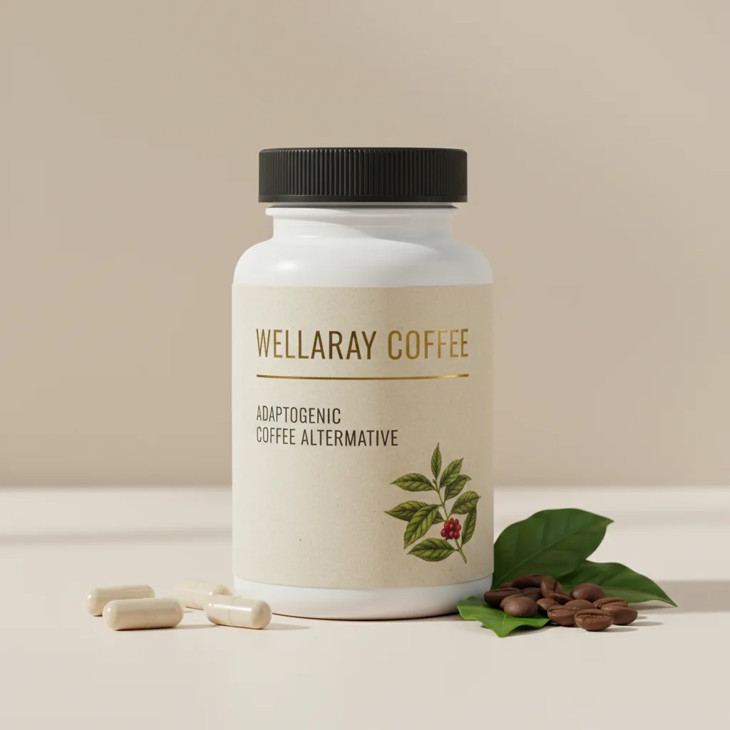 Wellaray Coffee box - dark navy food supplement packaging with pink-and-yellow lettering